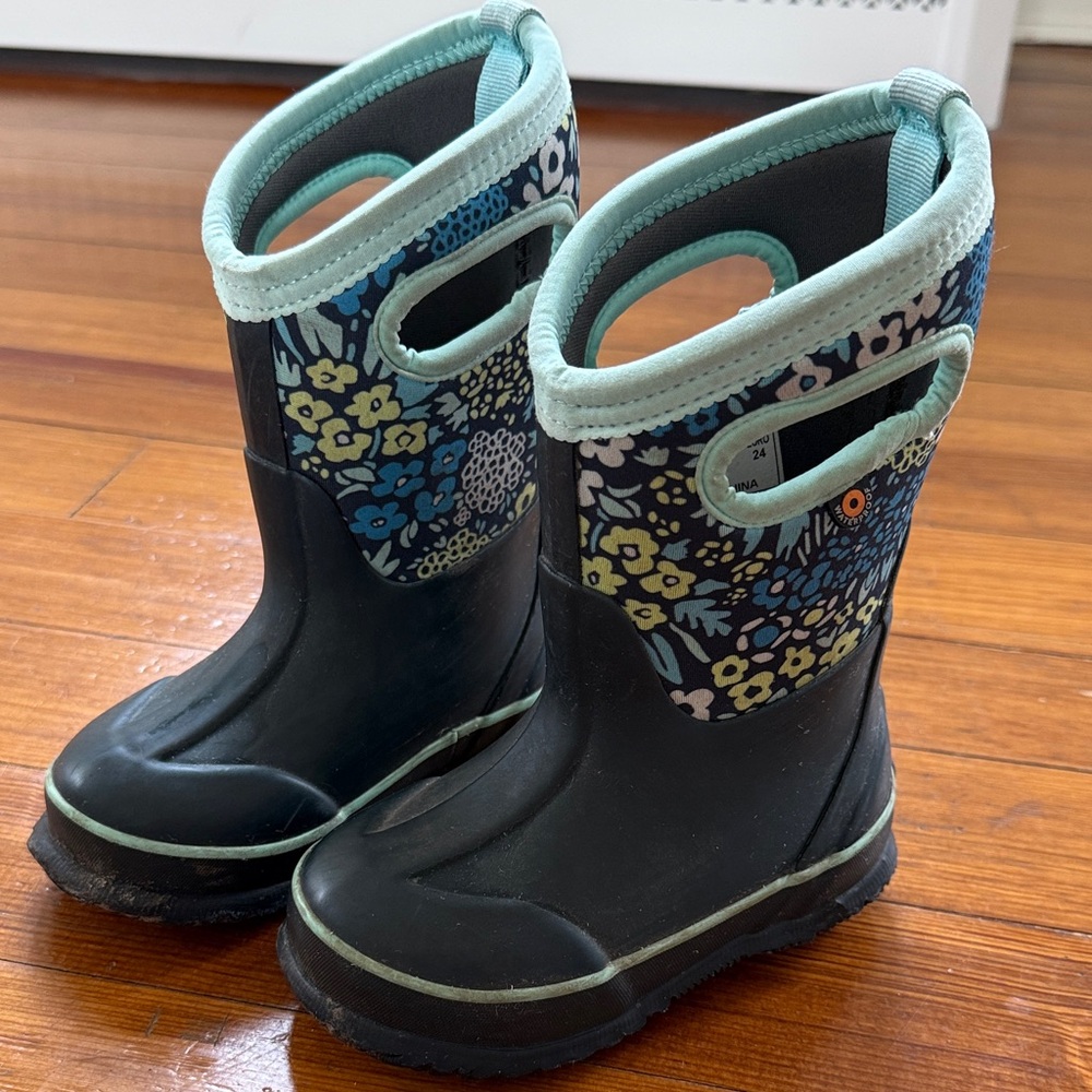 Bogs Kids Black Rain Boots with Teal Trim and Floral Print